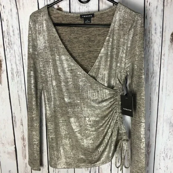 Trouve Metallic Silver Rouched Top - Silk Foil Nordstrom Small New with Tags - Picture 8 of 16